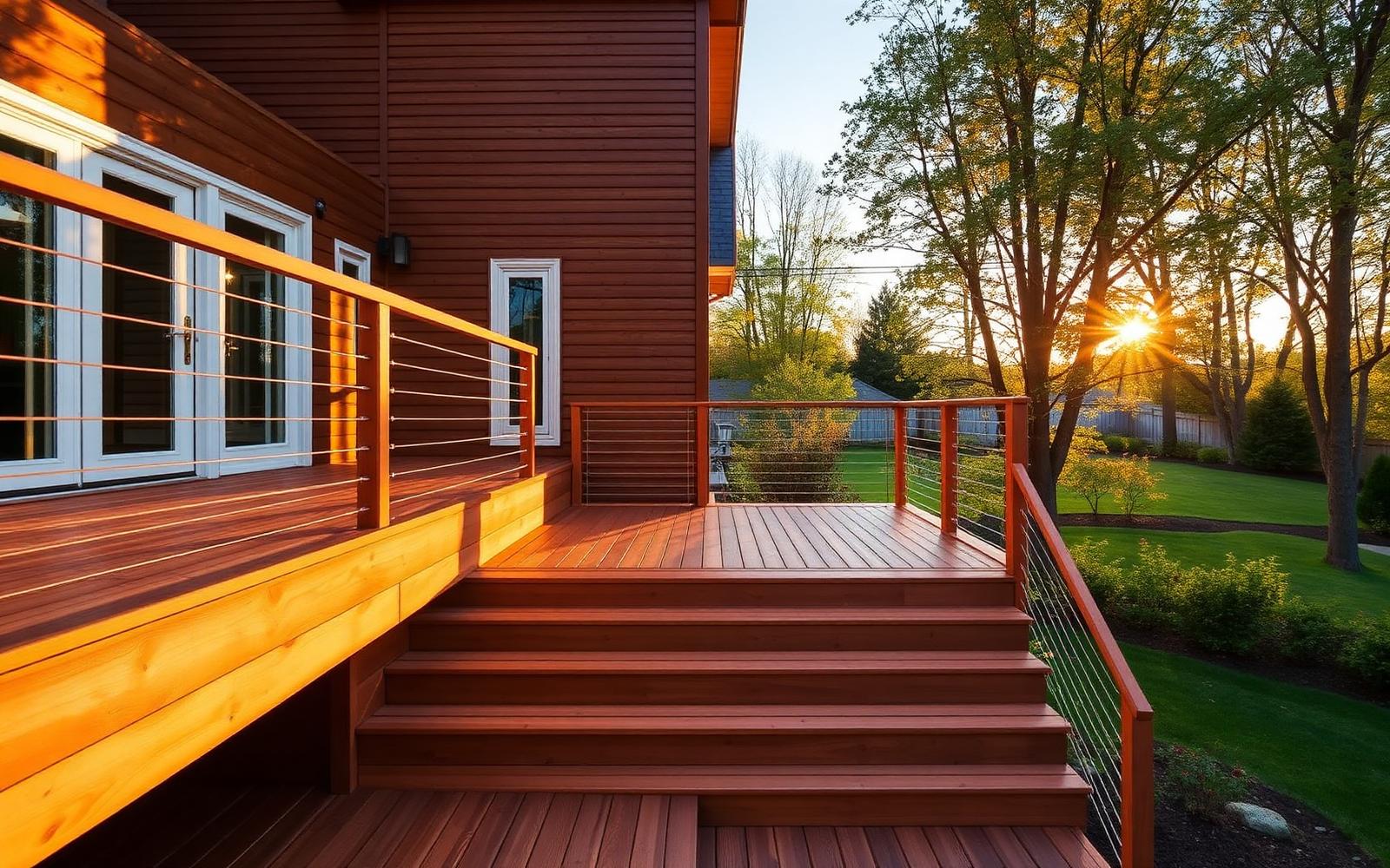 Custom cedar deck with horizontal cable railings on the rear of a Branford Connecticut home at golden hour