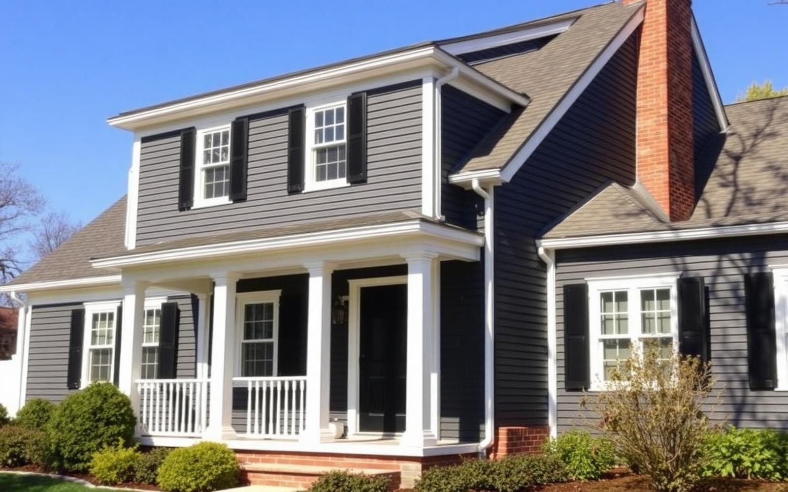 Freshly repainted exterior of a Cheshire Connecticut colonial with charcoal siding, crisp white trim, and black shutters