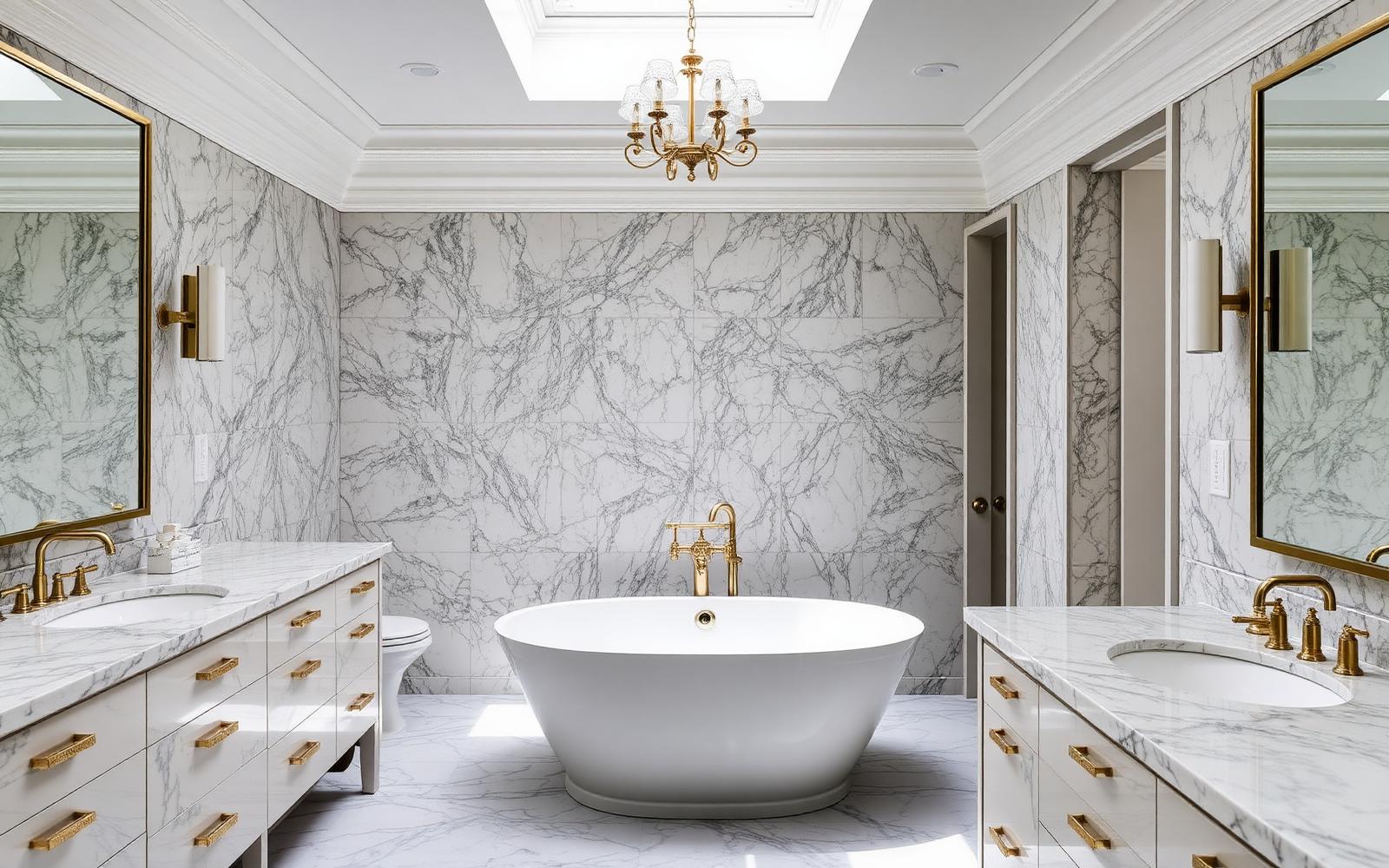 Luxury master bathroom in Darien Connecticut with book-matched marble walls, freestanding tub, and brushed brass fixtures