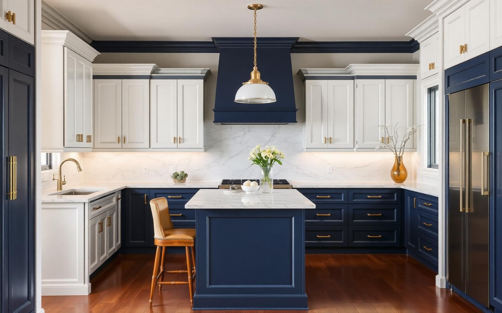 Transitional kitchen remodel in Fairfield Connecticut with two-tone navy and white cabinetry, marble backsplash, and brass hardware