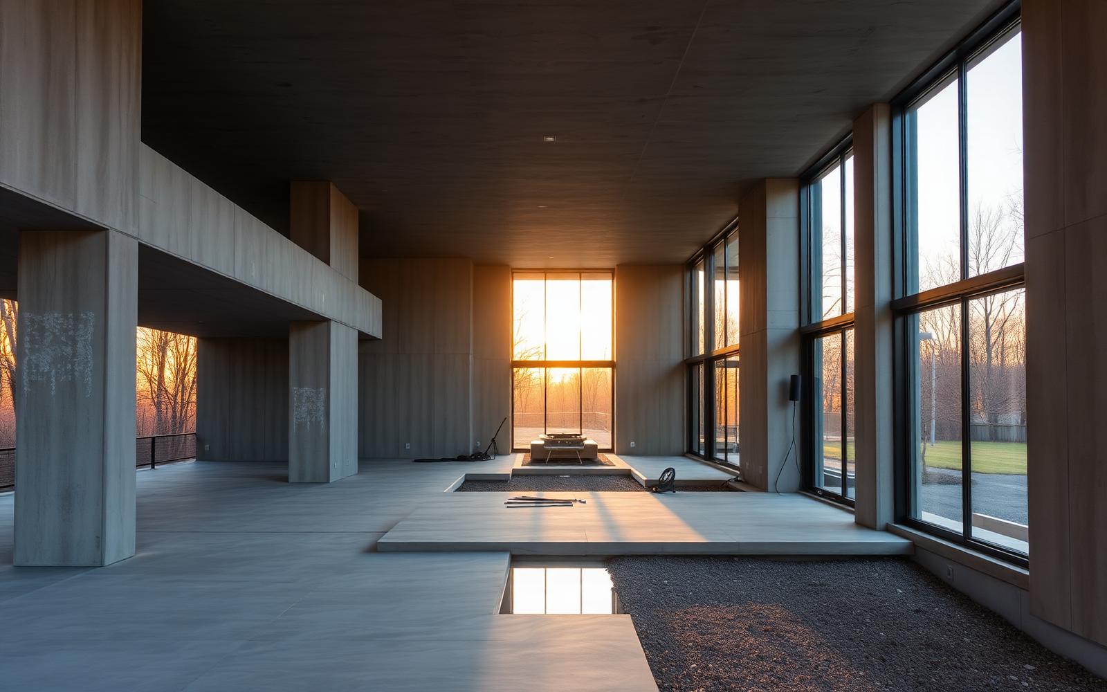 Custom modern home built in Greenwich, Connecticut with raw concrete walls and floor-to-ceiling glass at golden hour