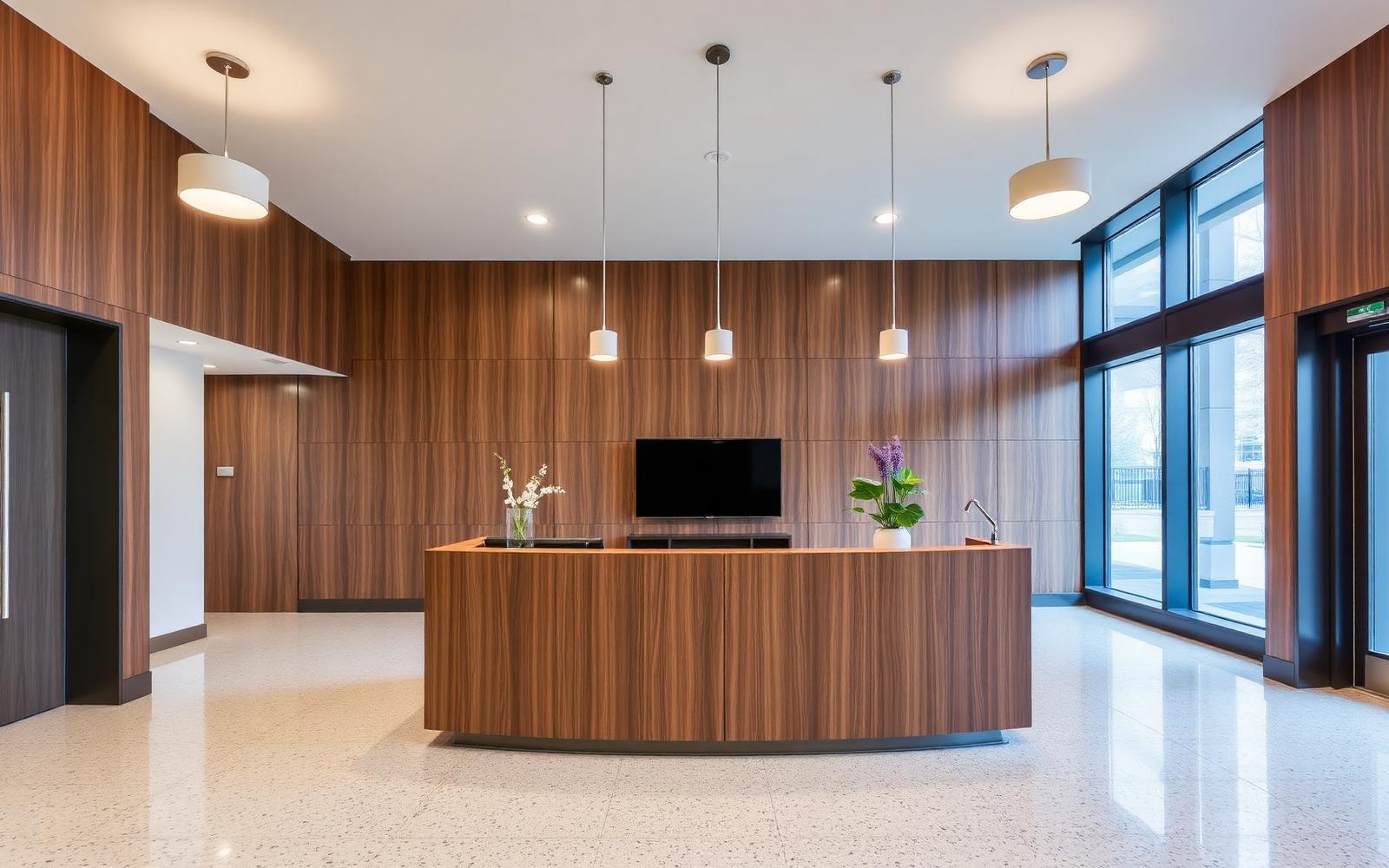 Modern office lobby in Hartford Connecticut with walnut paneling, terrazzo floors, and warm pendant lighting