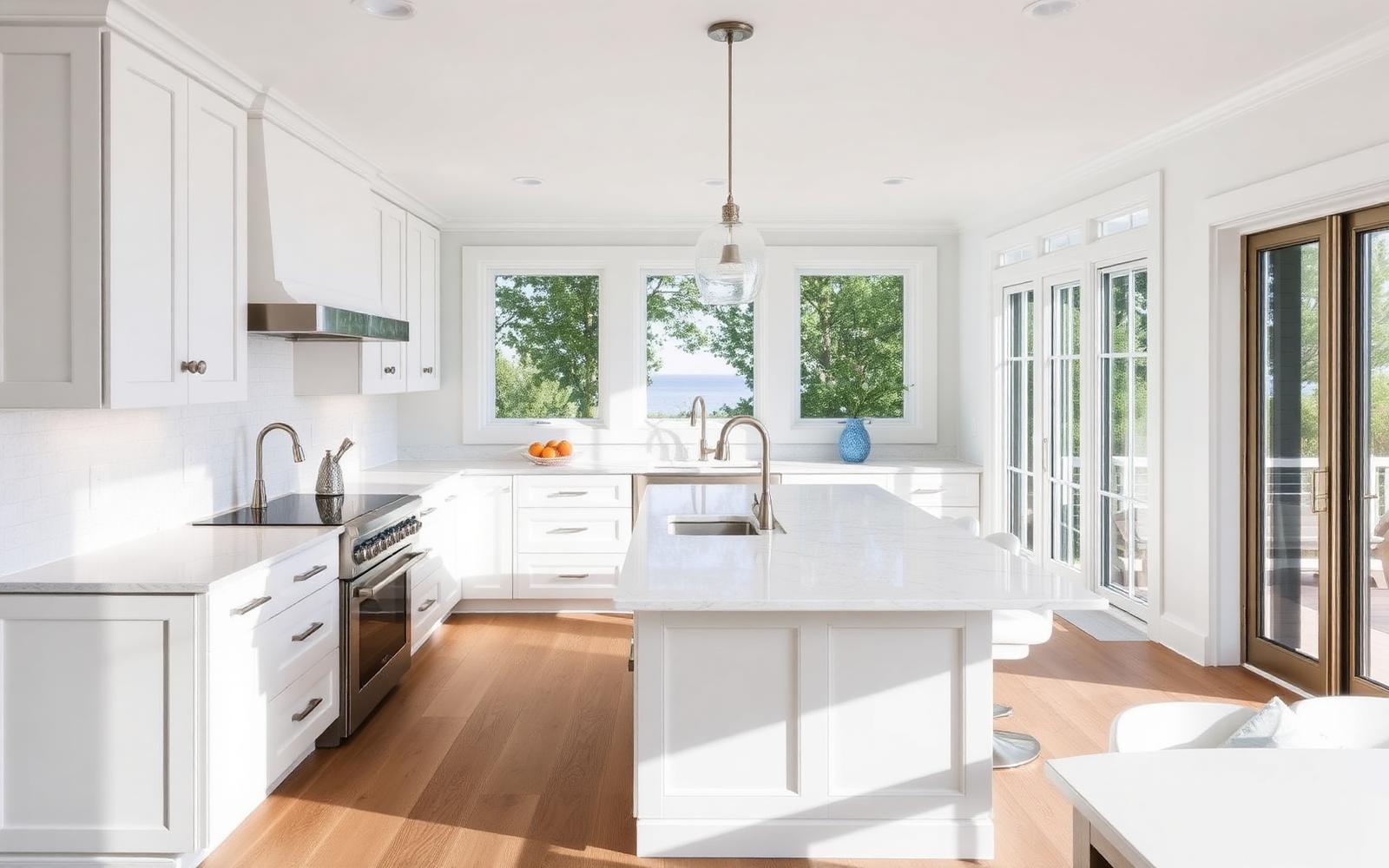 Bright coastal kitchen remodel in Madison Connecticut with white shaker cabinets, quartz waterfall island, and Long Island Sound views