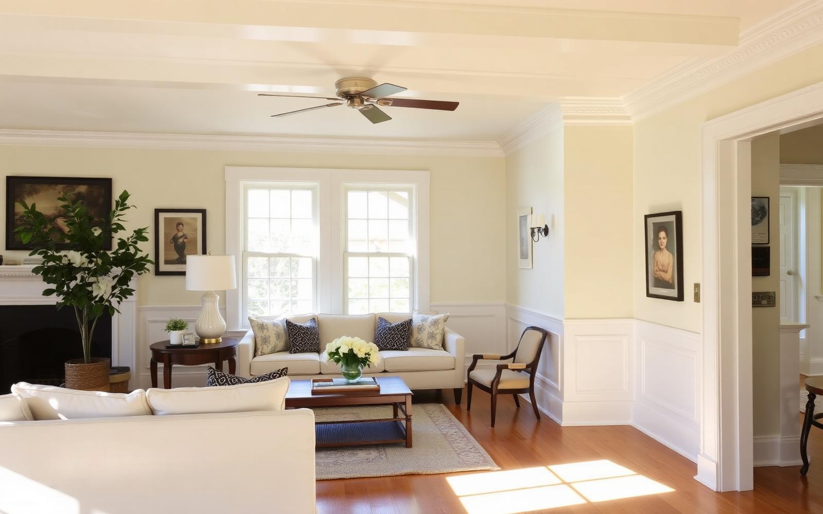 Freshly repainted interior of a Milford Connecticut colonial with warm off-white walls, crisp white trim, and refinished hardwood floors