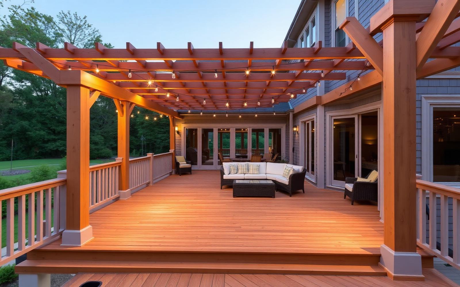 Cedar pergola over an ipe deck with string lights and outdoor lounge furniture on a New Canaan Connecticut shingle-style home