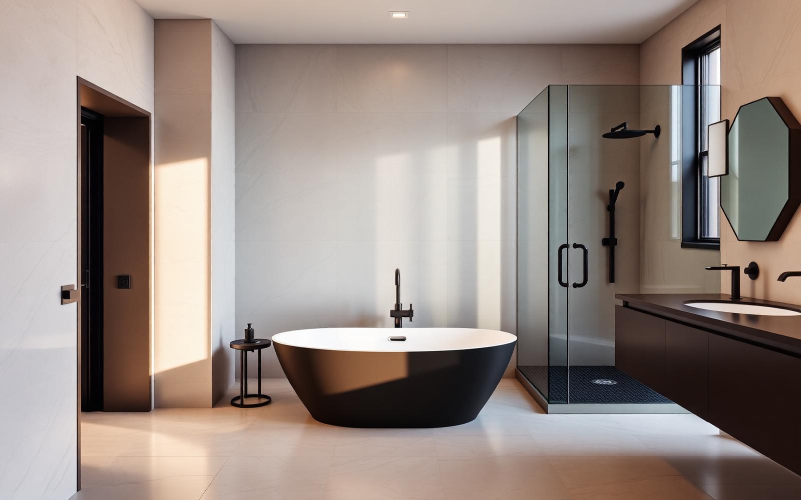 Modern primary bathroom in Westport Connecticut with large format porcelain walls, freestanding tub, and matte black fixtures